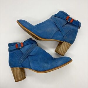 Kickers Blue‎ Suede Ankle Boots Contrast Buckle Stacked Heel Kickers Size 40